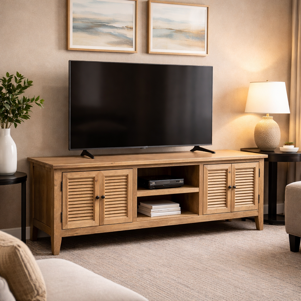 MF Oak Louvre Solid Timber 4 Door Entertainment Unit