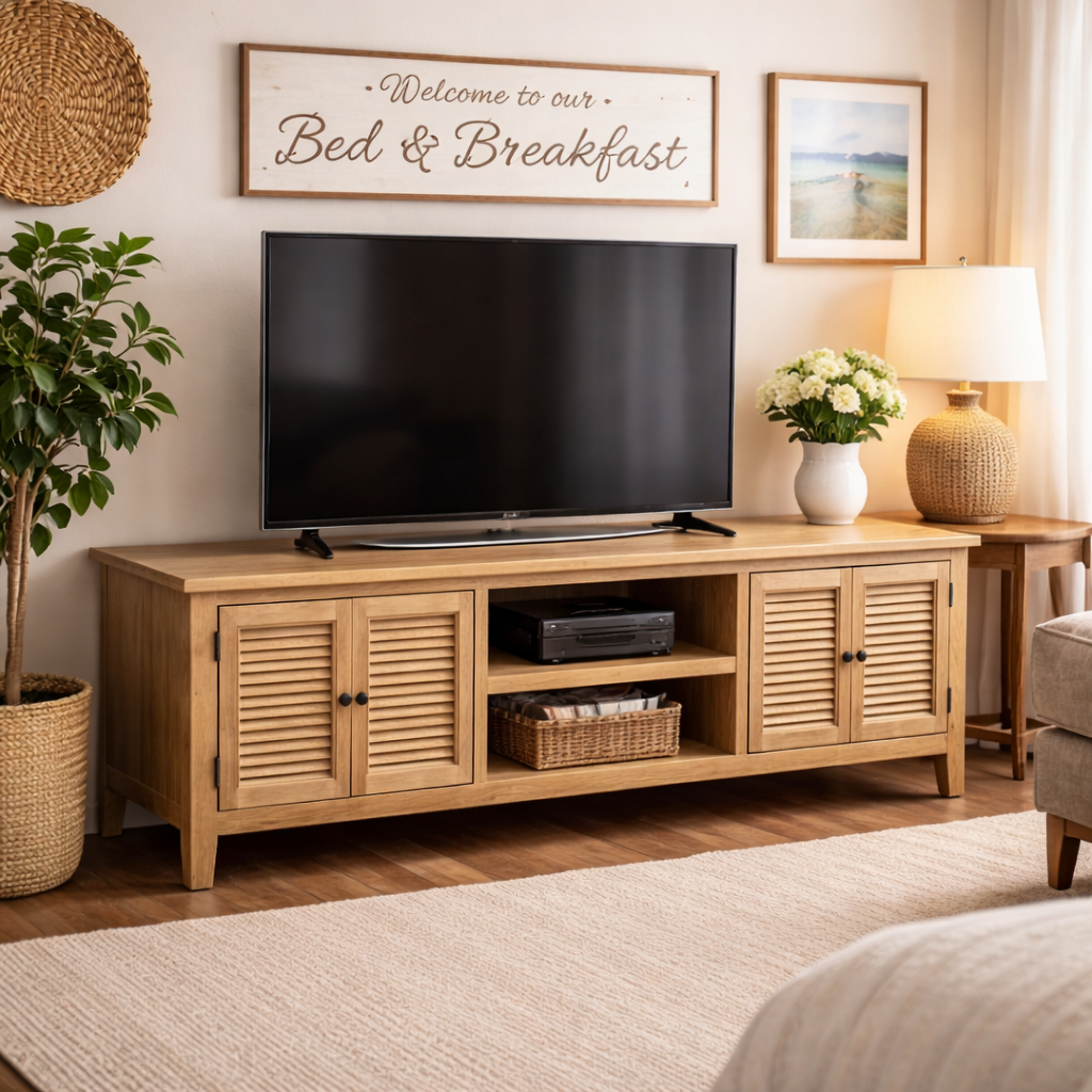MF Oak Louvre Solid Timber 4 Door Entertainment Unit