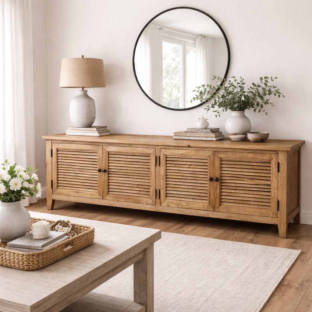 MF Oakwood Louvre Solid Timber TV Unis with Internal Shelves