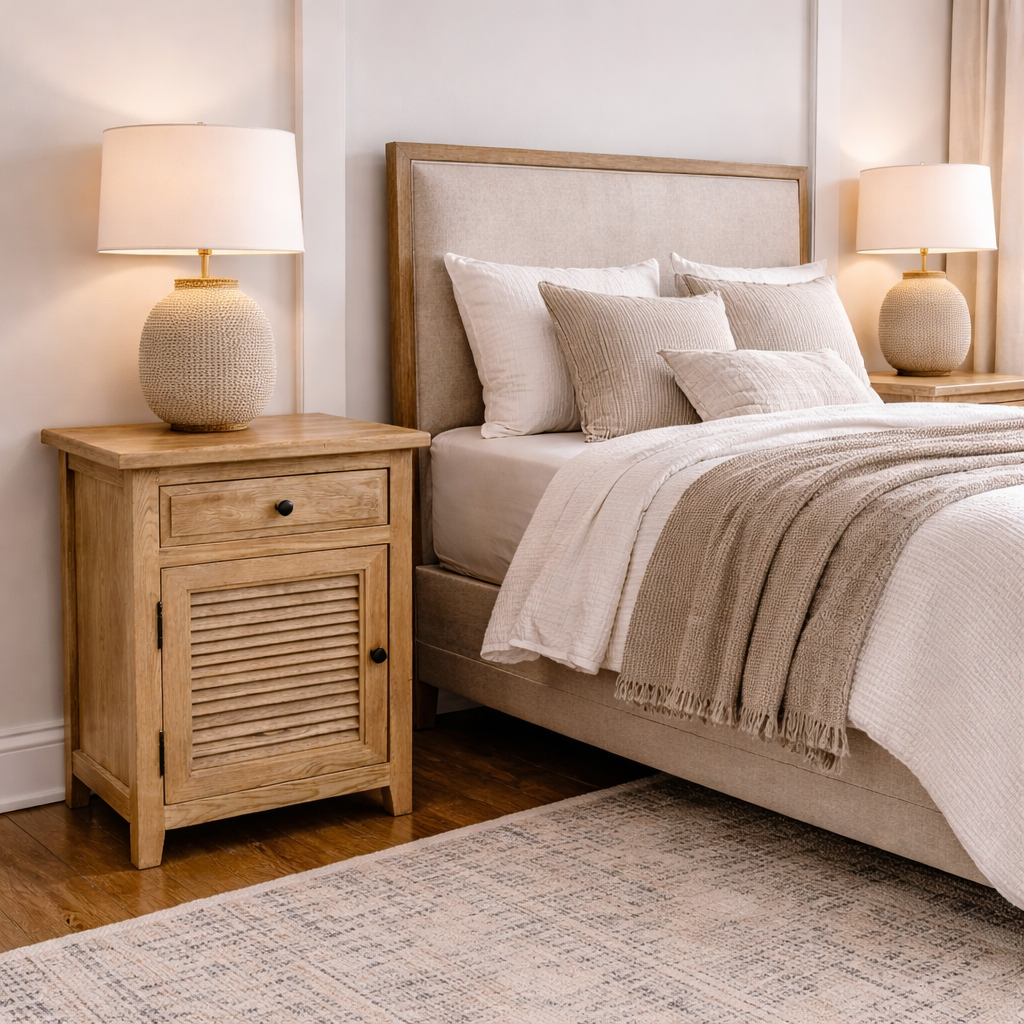 MF Oakwood Louvre Solid Timber 1 Drawer and 1 Door Bedside Cabinet
