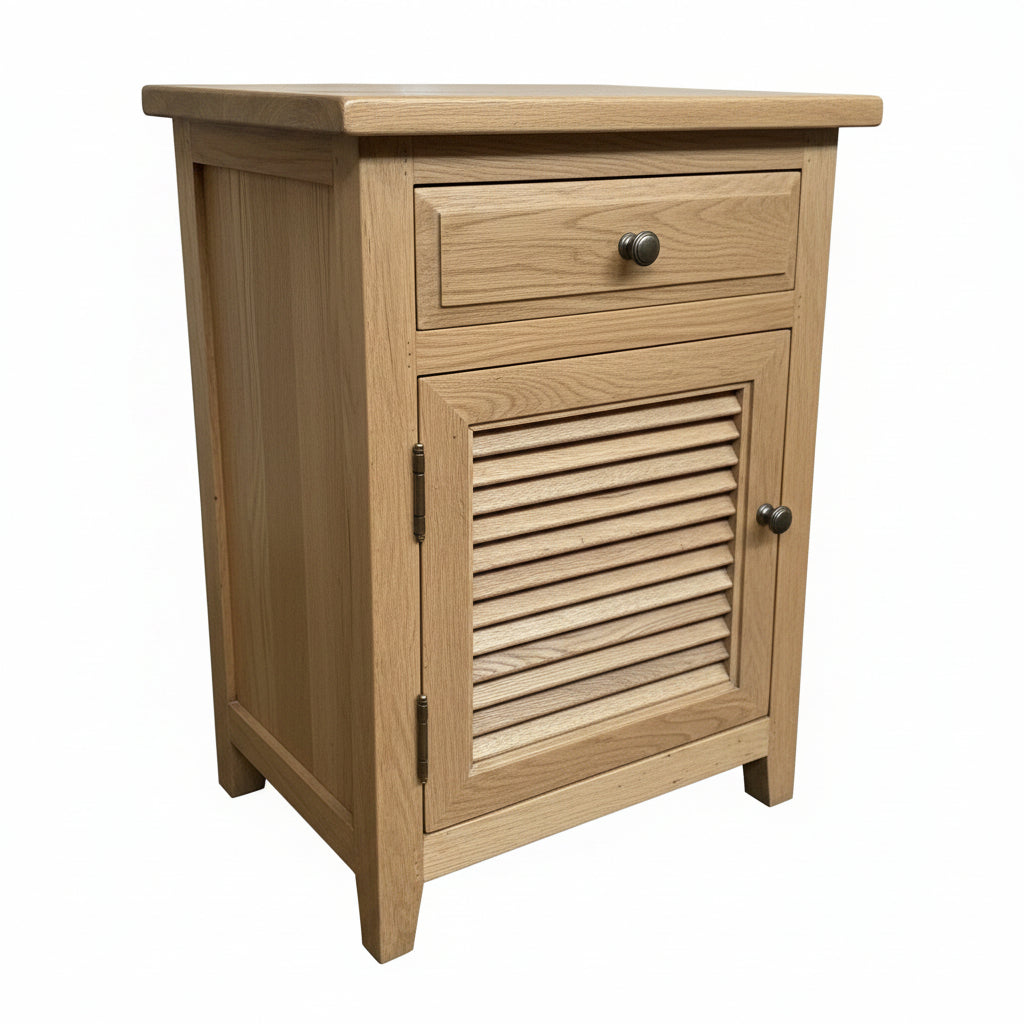 MF Oakwood Louvre Solid Timber 1 Drawer and 1 Door Bedside Cabinet