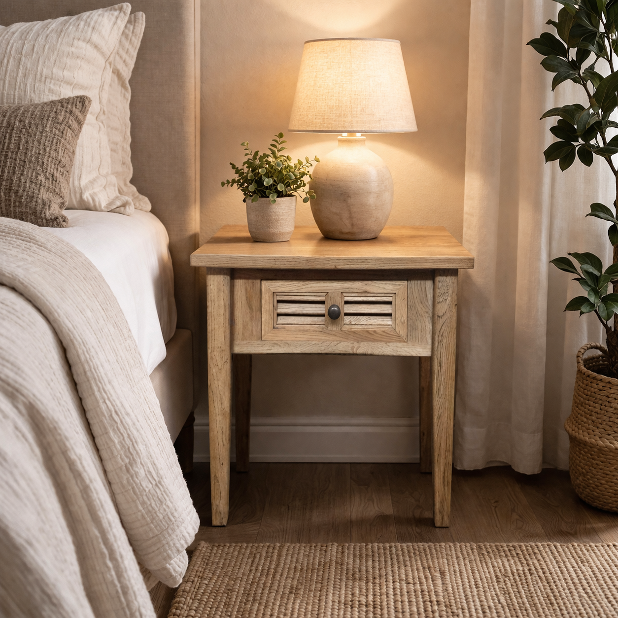 MF Oakwood Louvre Solid Timber 1 Drawer Lamp Table
