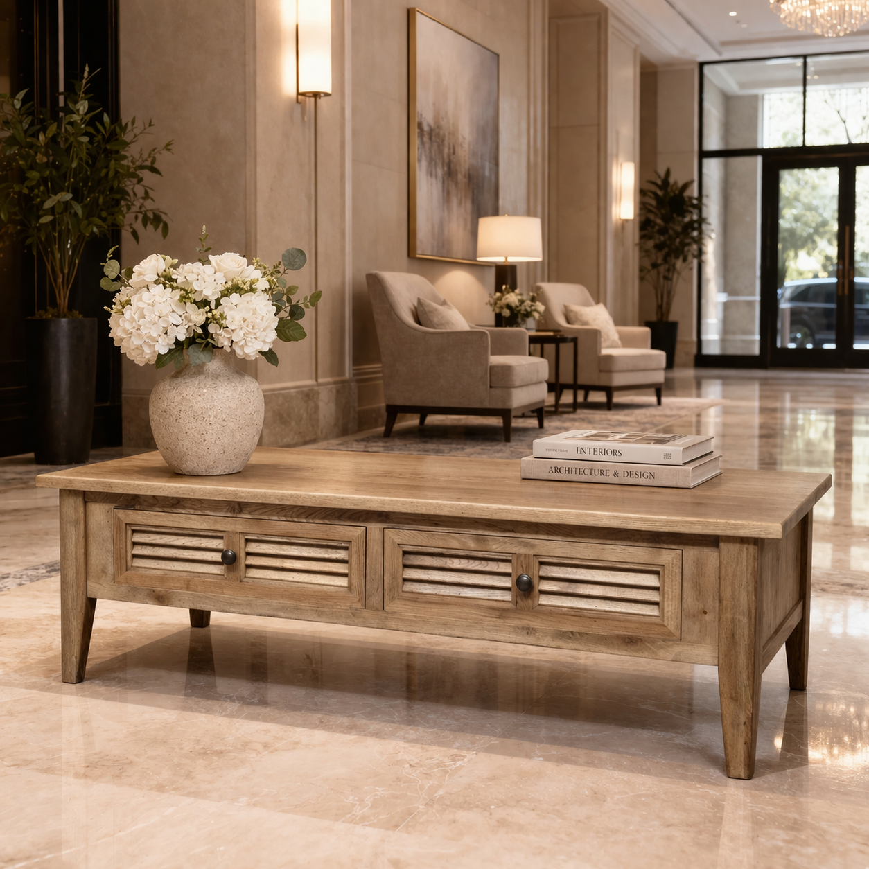 MF Oak Louvre Solid Timber 2 Drawer Coffee Table