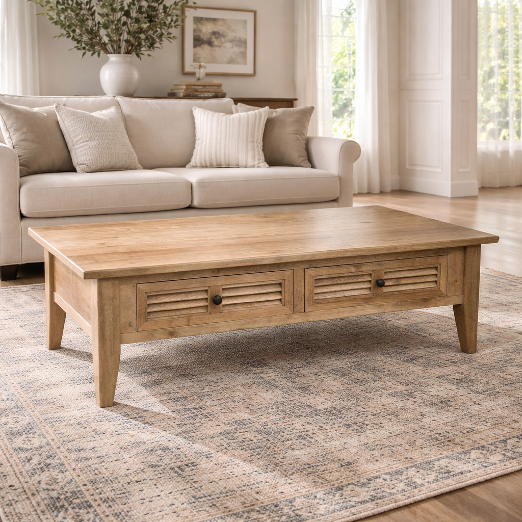 MF Oak Louvre Solid Timber 2 Drawer Coffee Table