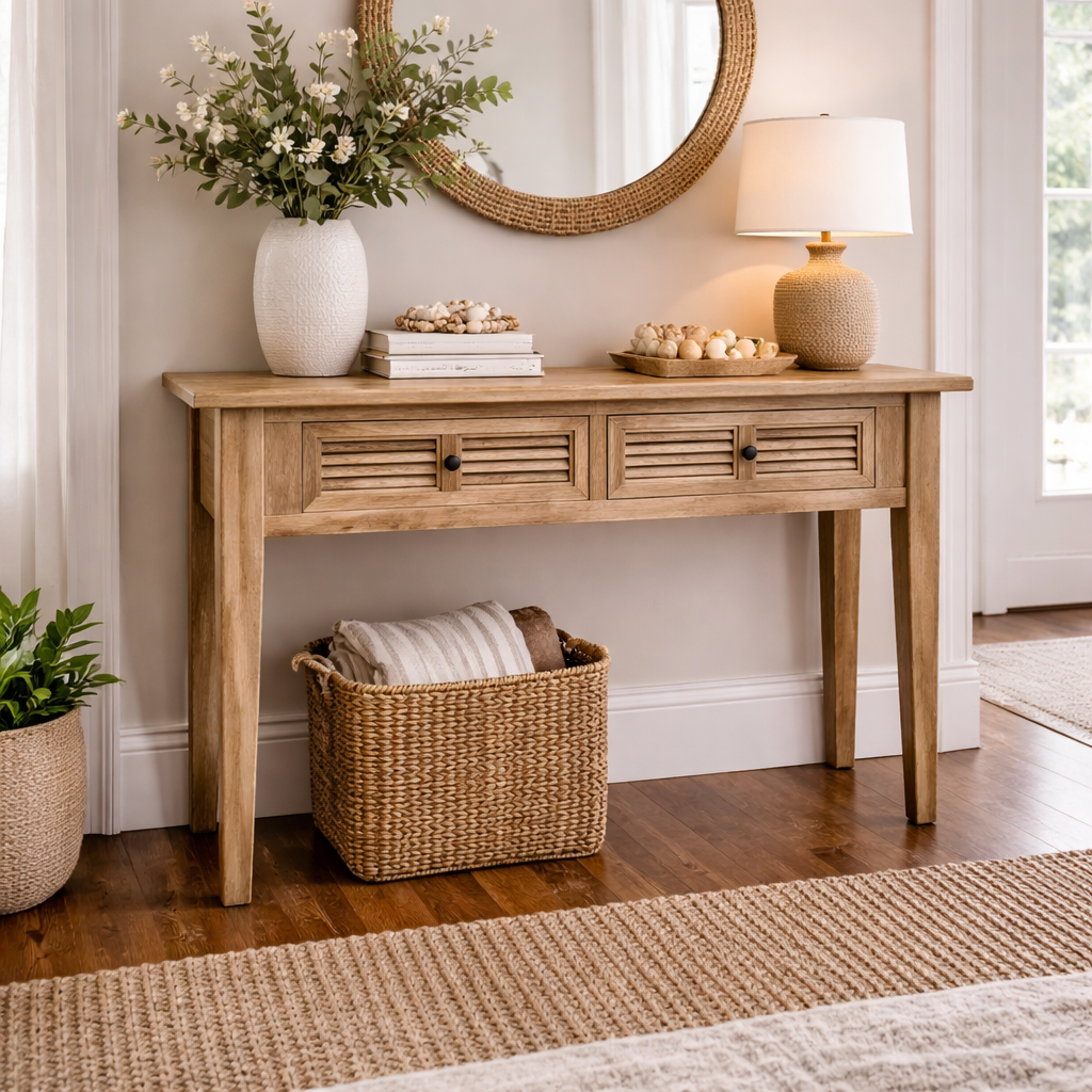 MF Oakwood Louvre Solid Timber 2 Drawer Hall Table