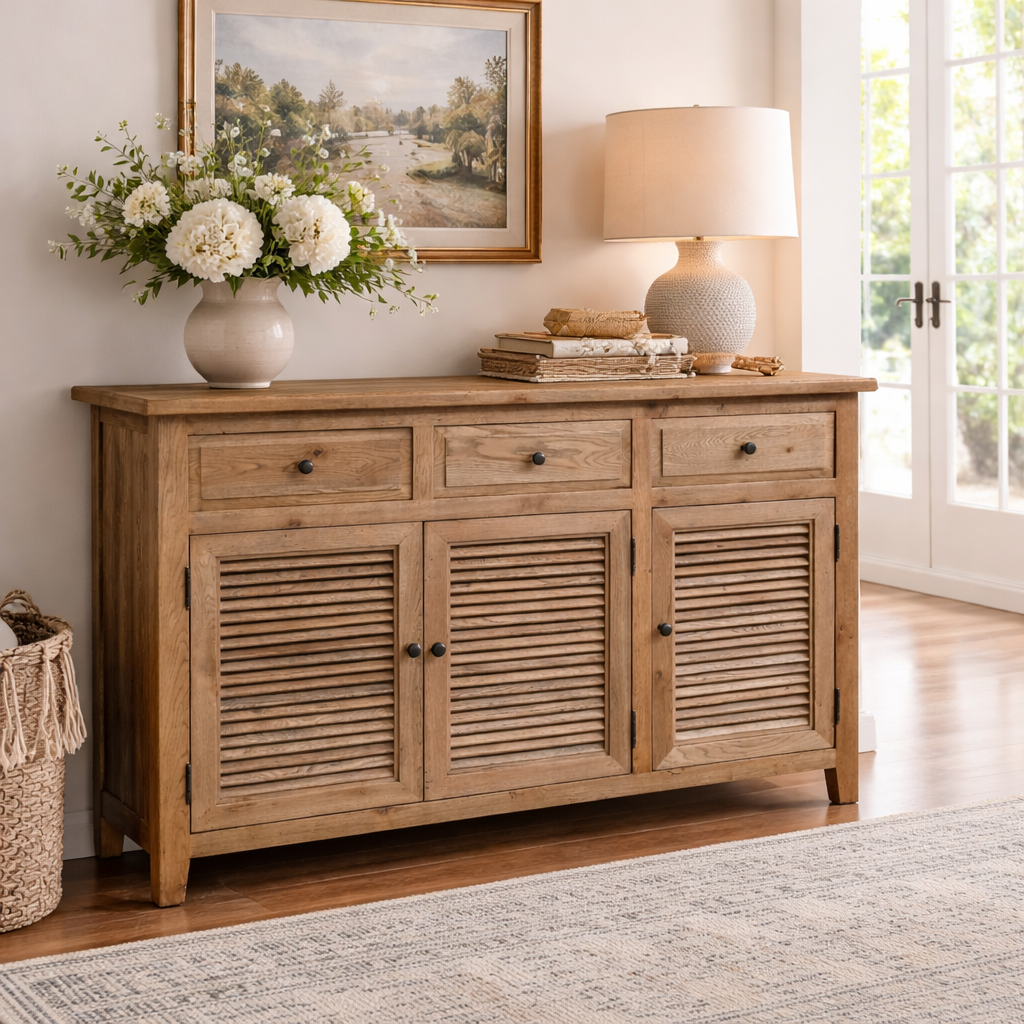 MF Oakwood Louvre Solid Timber 3 Drawer & 3 Door Sideboard