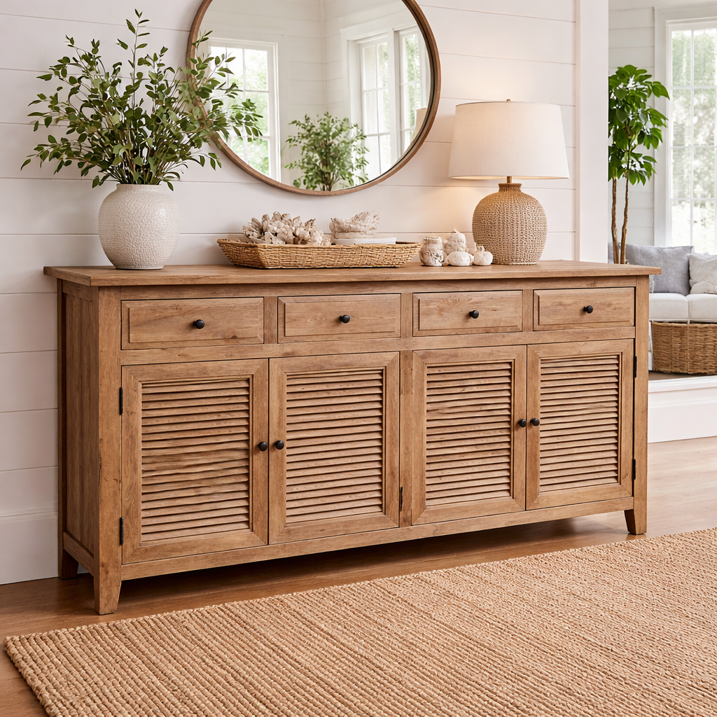 MF Oakwood Louvre Solid Timber 4 Drawer & 4 Door Sideboard
