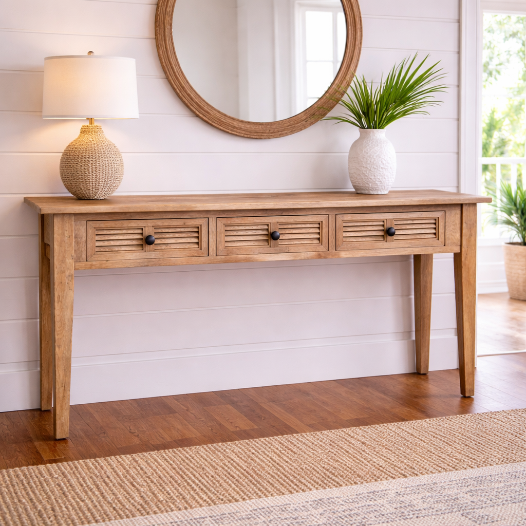 MF Oakwood Louvre Solid Timber 3 Drawer Hall Table