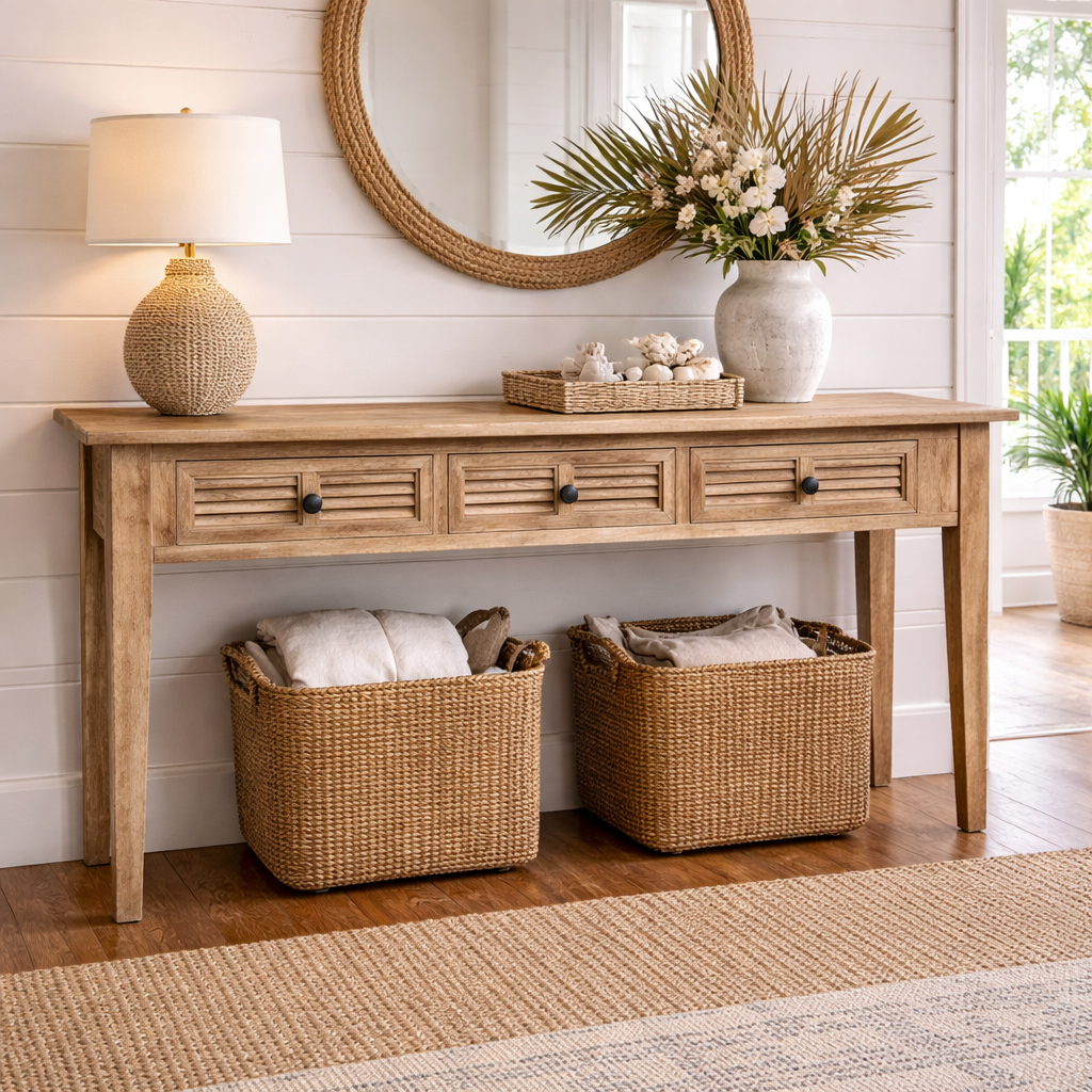 MF Oakwood Louvre Solid Timber 3 Drawer Hall Table