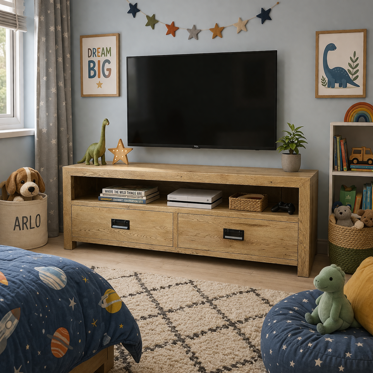 MF Solid Oak Timber 2 Drawer Entertainment Unit