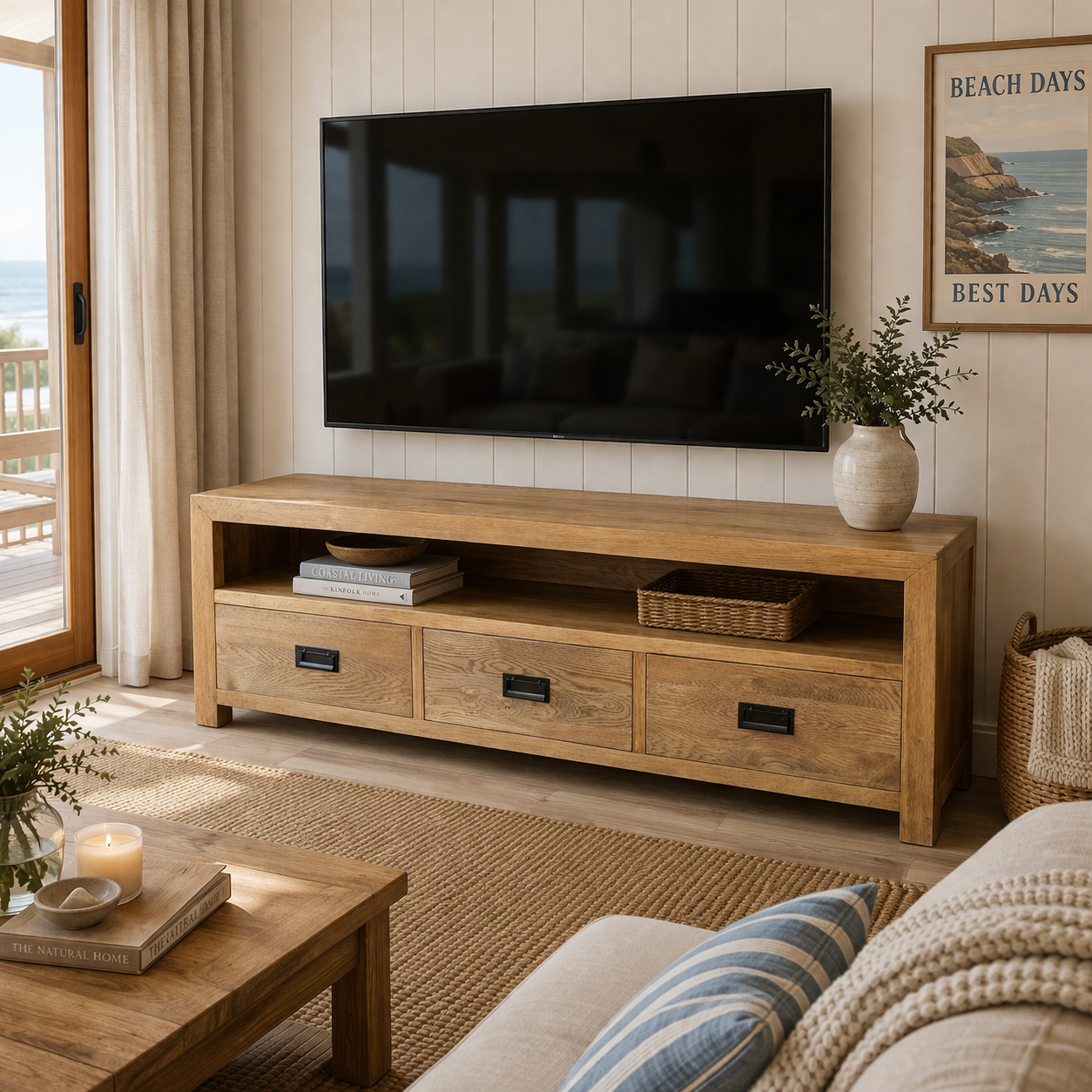 MF Solid Oak Timber 3-Drawer Entertainment Unit