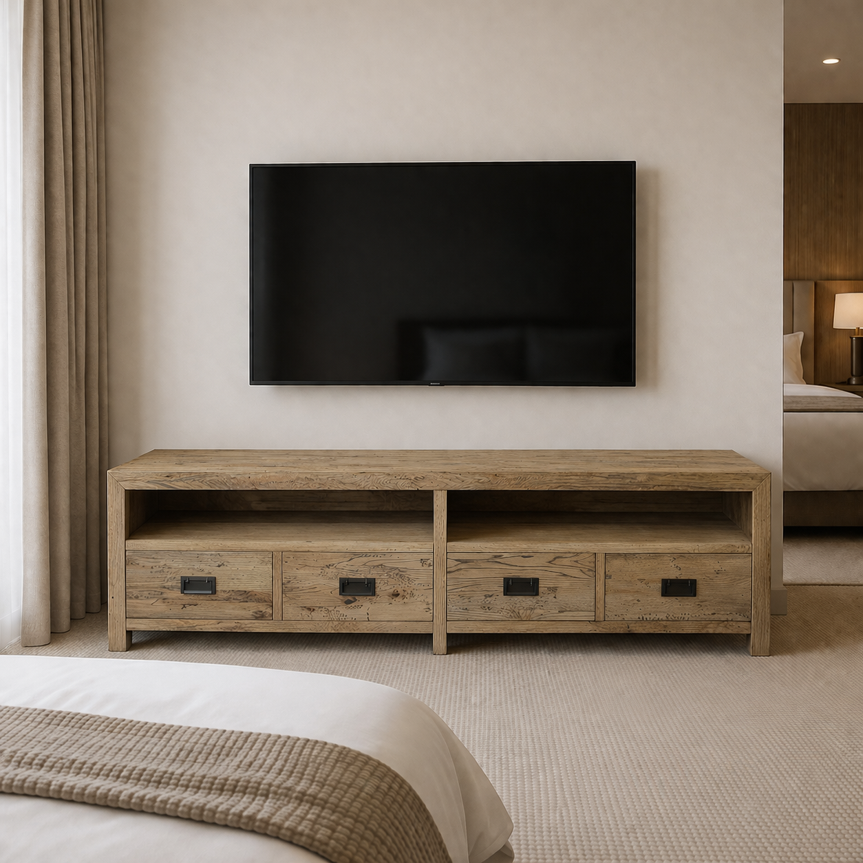 MF Solid Oak Timber 4 Drawer Entertainment Unit