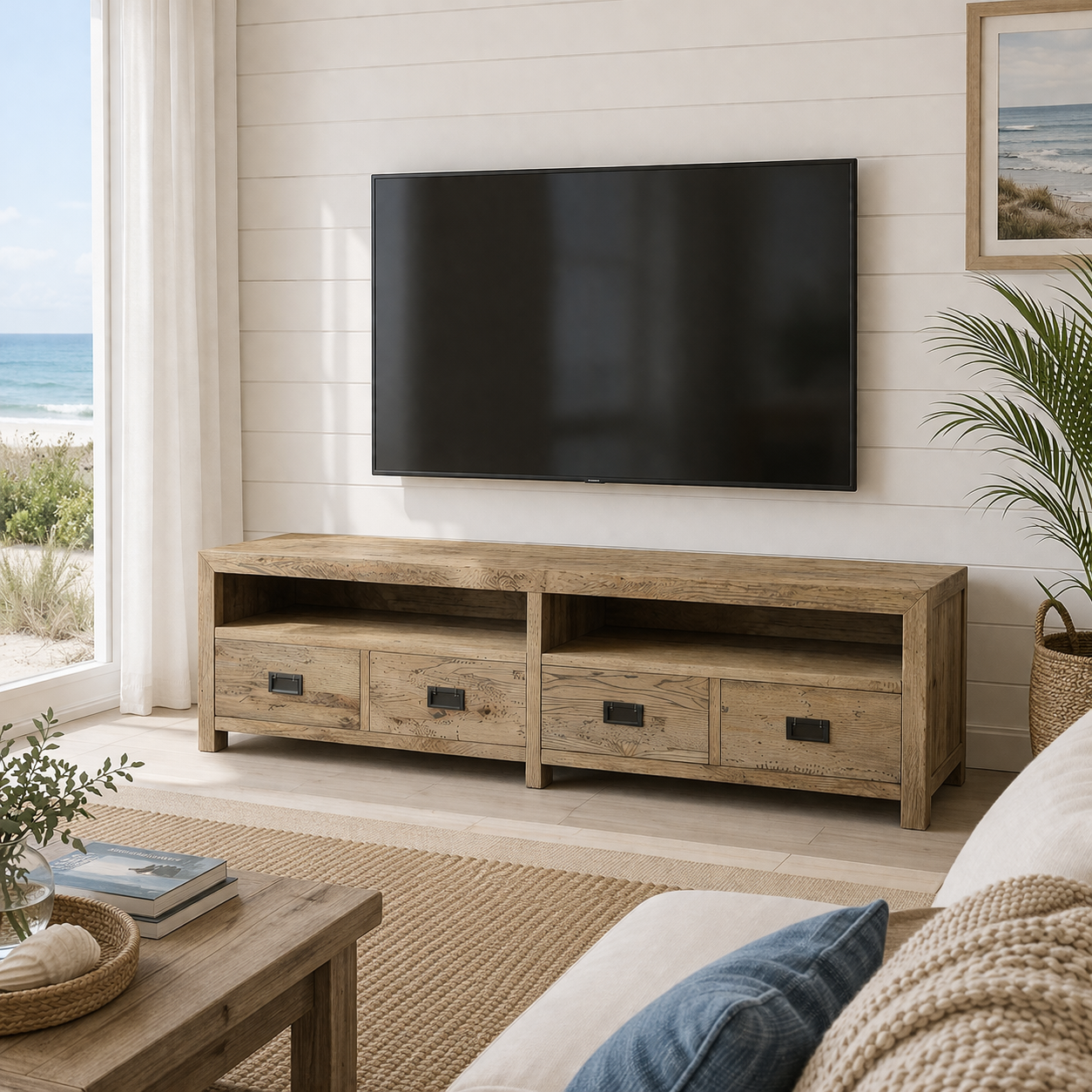 MF Solid Oak Timber 4 Drawer Entertainment Unit