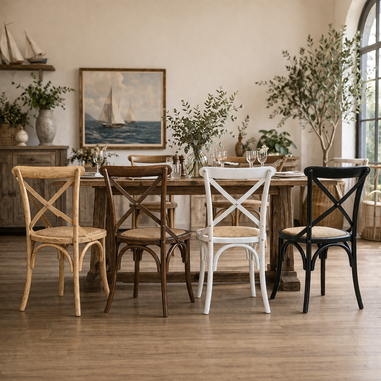 MF Bleach Raw Crossback Solid Timber Rattan Seat Dining Chair