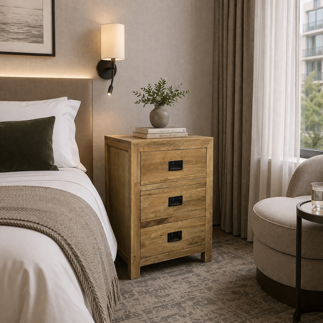 MF Solid Oak Timber 3 Drawer Bedside Table