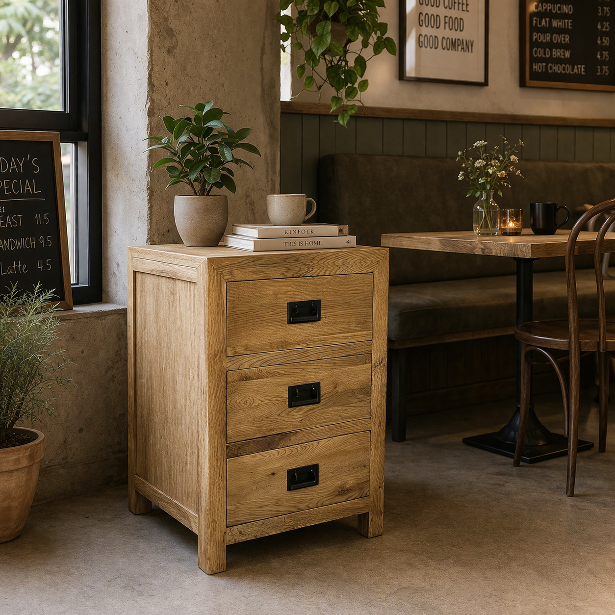 MF Solid Oak Timber 3 Drawer Bedside Table