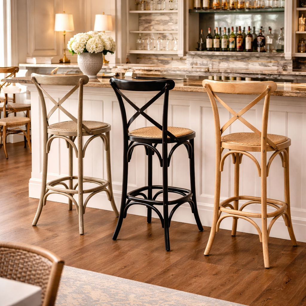 MF Cross-Back Oak Framed Rattan Seat Bar Stool