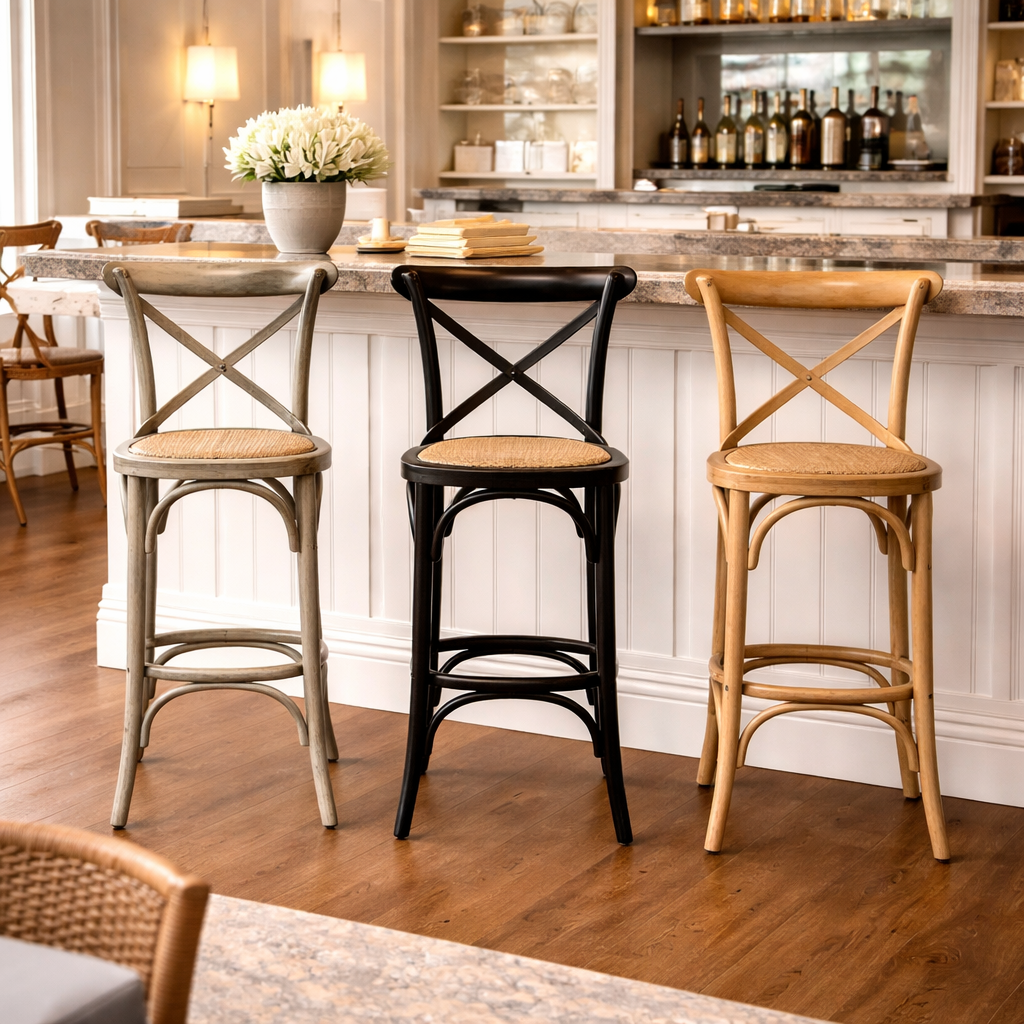 MF Cross-Back Oak Framed Rattan Seat Bar Stool
