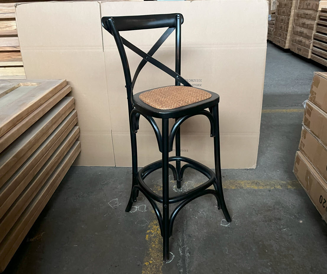MF Cross-Back Oak Framed Rattan Seat Bar Stool