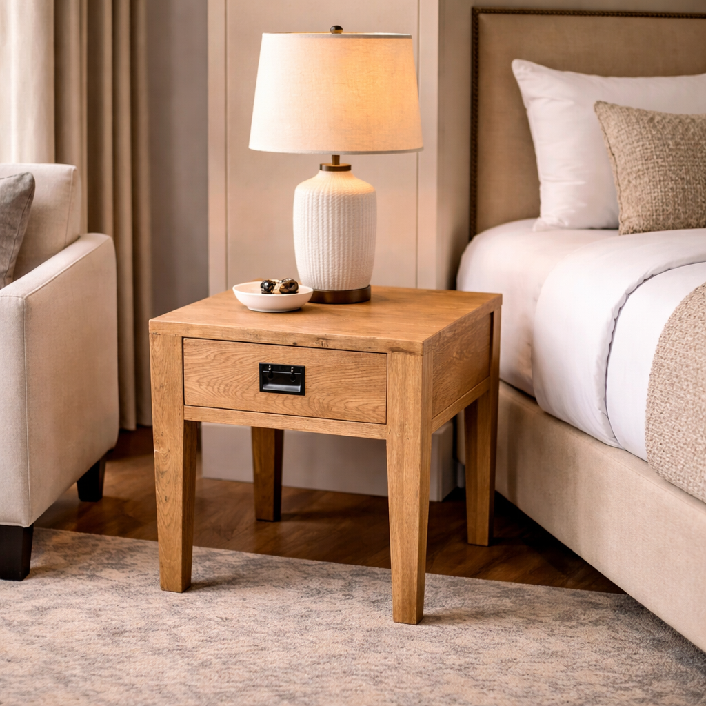 MF Solid Oak Timber 1 Drawer Lamp Table
