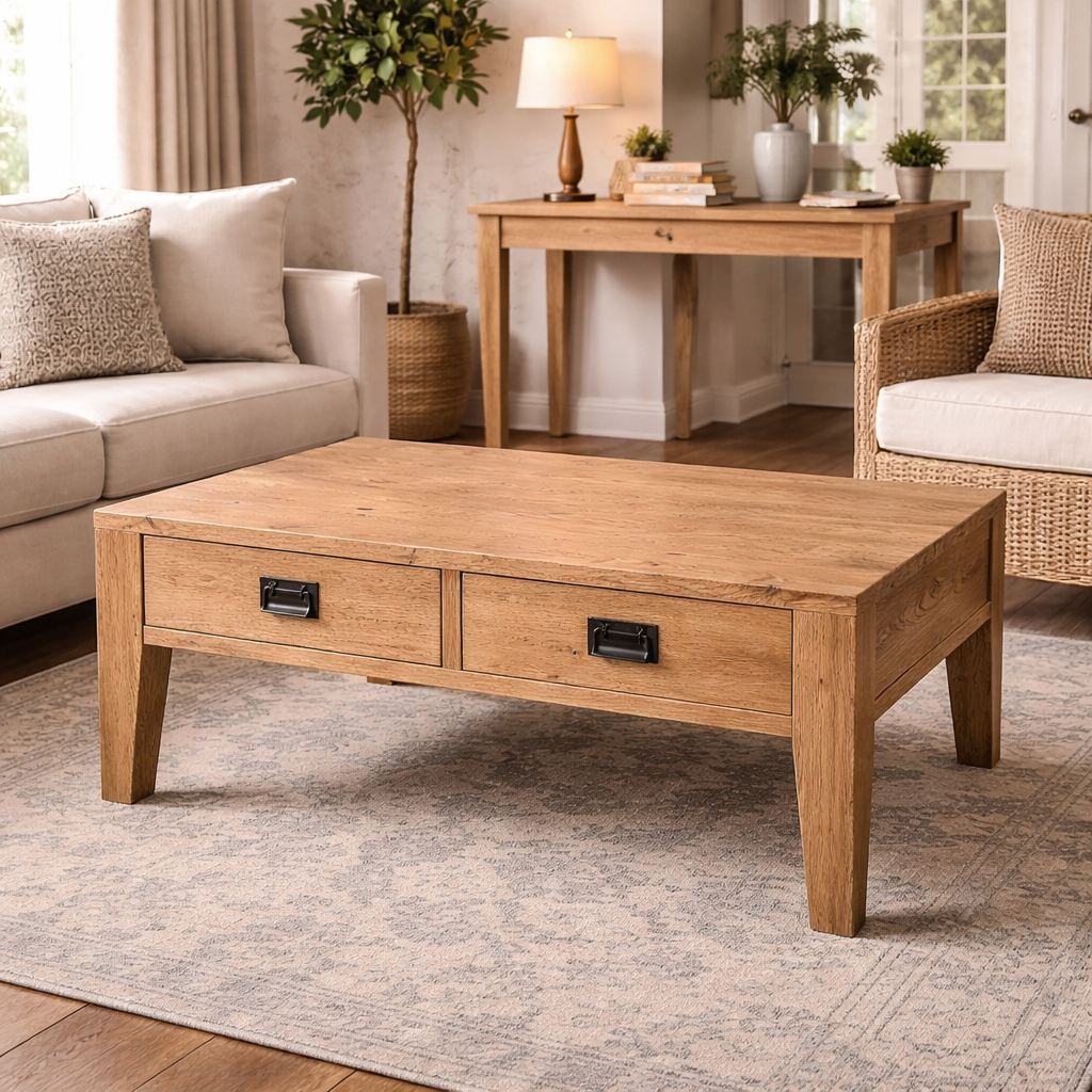 MF Solid Oak Timber 2 Drawer 2 way Coffee Table