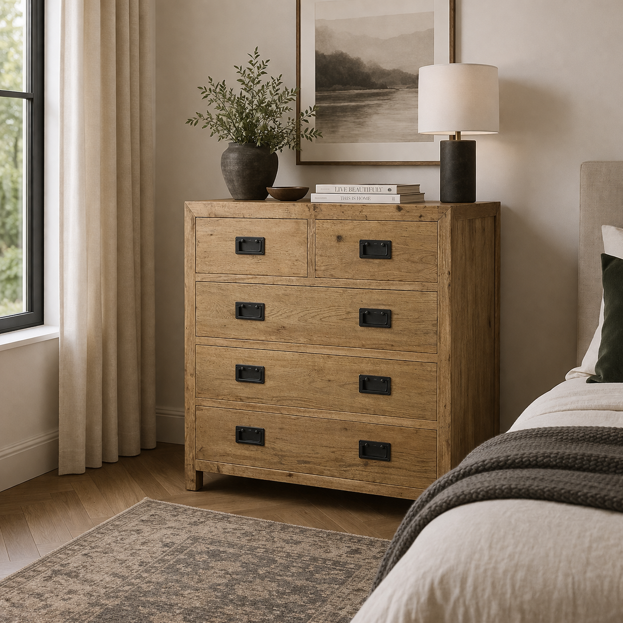 MF Solid Oak Timber 5 Drawer Chest of Drawers