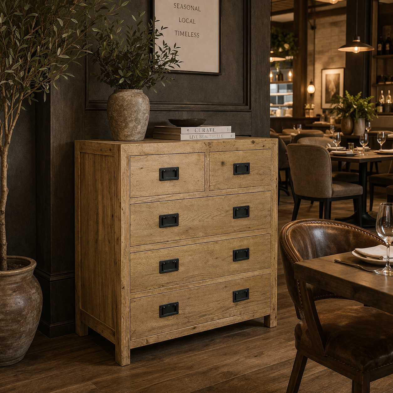 MF Solid Oak Timber 5 Drawer Chest of Drawers