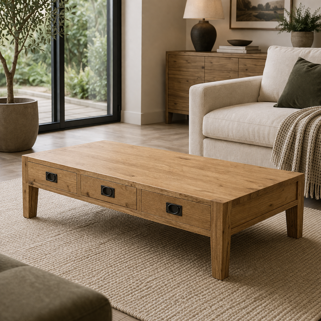MF Solid Oak Timber 3 Drawer 2 way Coffee Table