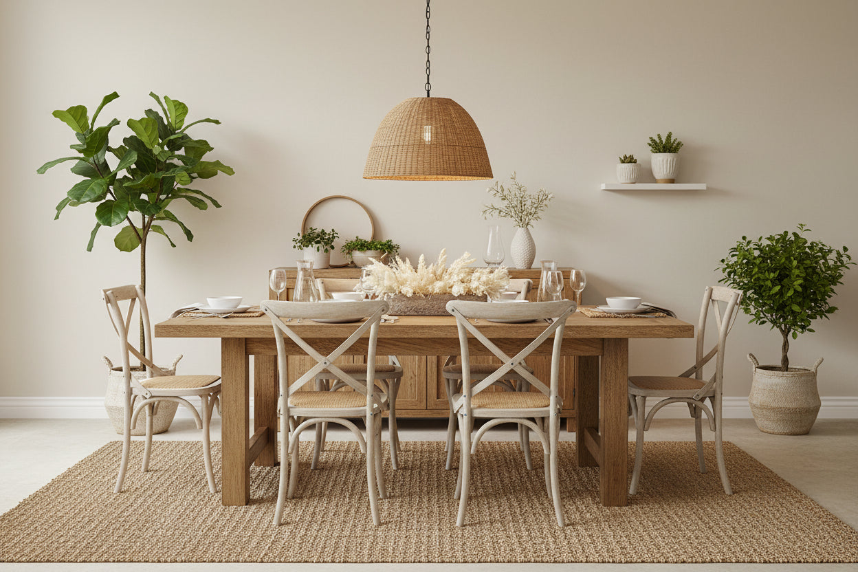 MF Bleach Raw Crossback Solid Timber Rattan Seat Dining Chair