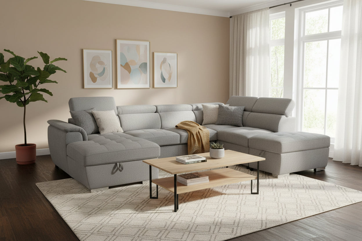 VI Glebe Fabric Upholstered Corner Sofabed Lounge With LHF Chaise