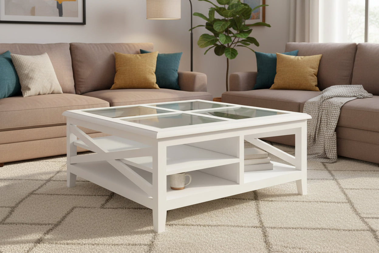 VI Hamilton Solid Timber Square Glass Top Coffee Table