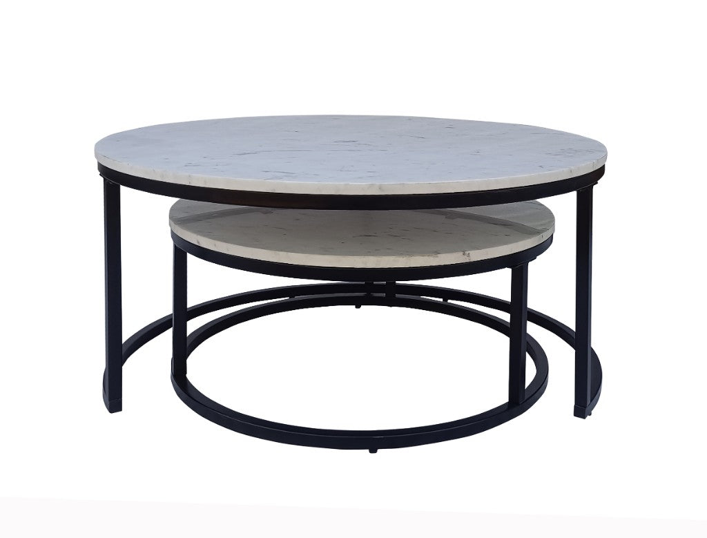 VI Caspian Marble Top Metal Base 2 Piece Round Coffee Table Set