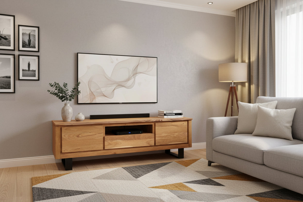 VI Elba Solid Timber Metal Base 2 Door 1 Drawer Entertainment Unit
