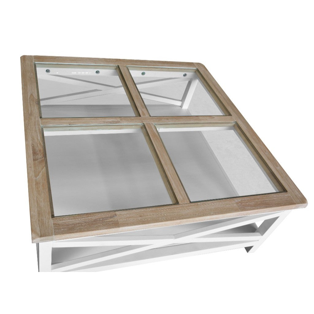 VI Shellwood Solid Timber Glass Top Square Coffee Table with Shelf