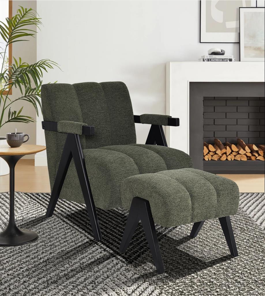 VI Atlas Fabric Upholstered Accent Chair with Footstool - Fawn & Green