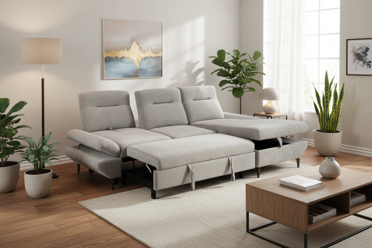 VI Capella 2 Seater Fabric Sofabed with Storage Chaise